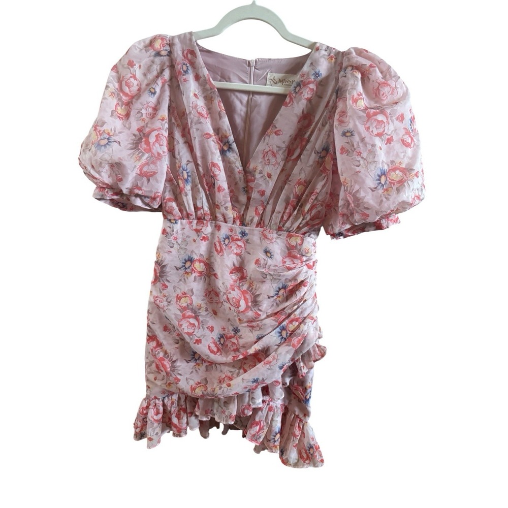 Minsh Pink Orange Floral Medium Baby Doll Dress Draped Ruffle Skirt Puff Sleeves